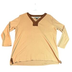 Lauren Ralph Lauren Petite‎ Tunic Top Brown Trim 3/4 Sleeve PL Womens
